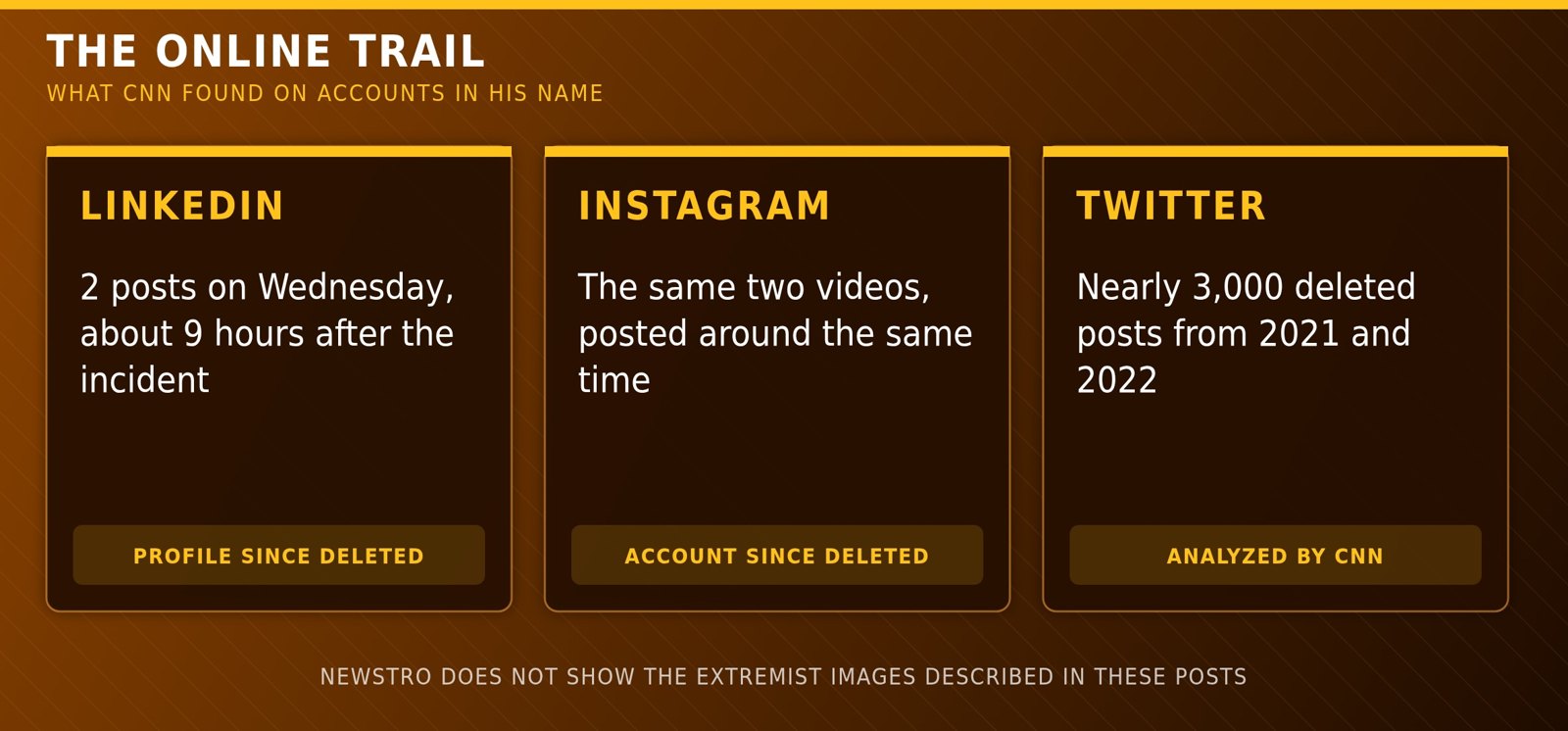 Newstro graphic summarizing the suspect's LinkedIn, Instagram and Twitter accounts